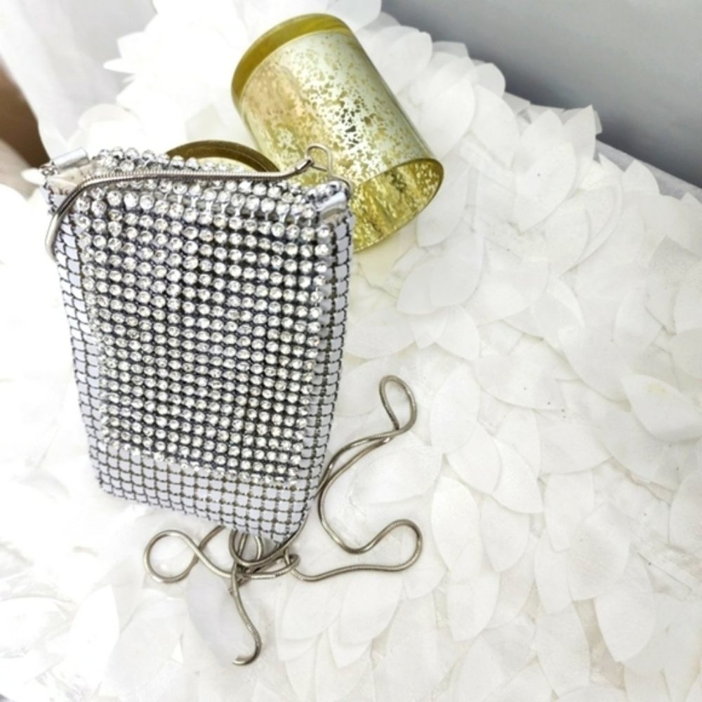 Micro party bag Silver glomesh with rhinestones 13 x 9 cm